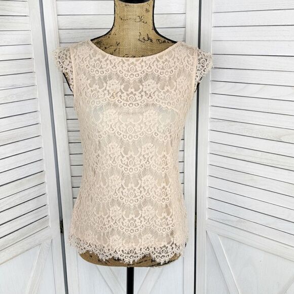 The Limited Scandal Collection Lace V Back Blouse Tan Nude Small Cap Sleeve - Picture 1 of 13